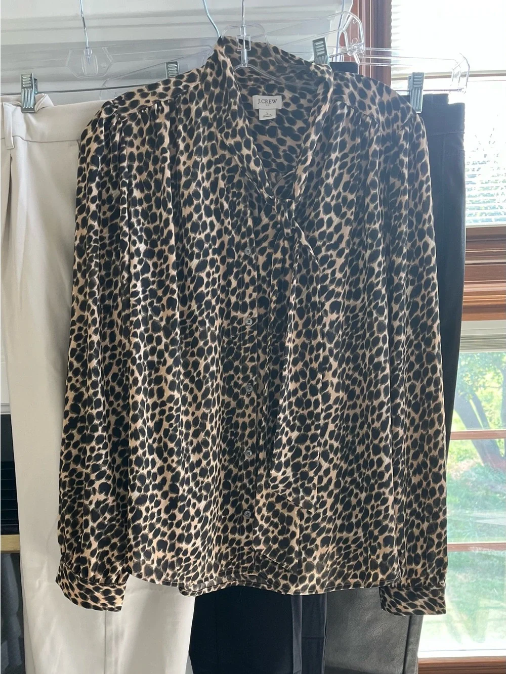 J. Crew Animal Print Long Sleeve Button Down Blouse with a Tie